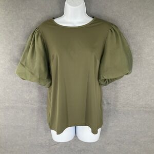 Cato Olive Green Puff Sheer Sleeve Top Women's Sz M Forest‎ Fairy Indie NEW